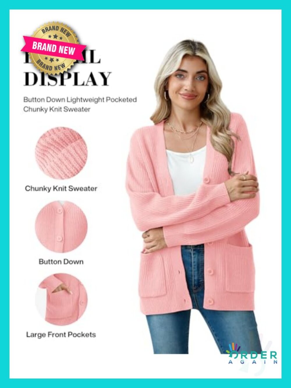 Chunky Knit Cardigan Long Sleeve V Neck Button Up Pocket Sweater Coat - Picture 4 of 6